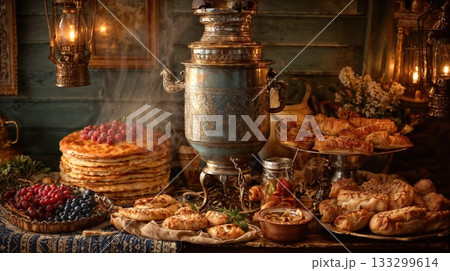 Traditional Russian samovar with lavish tea party spread featuring blini pancakes, pastries, fresh berries and ornate vintage tableware in warm atmospheric lighting Traditional Russian samovar with lavish tea party spread featuring blini pancakes, pastries, fresh berries and ornate vintage tableware in warm atmospheric lighting 133299614