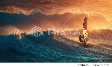 Windsurfer riding dramatic ocean waves during golden sunset with powerful spray and glowing sky creating epic adventure sports moment 133299620