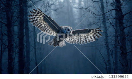 A majestic owl soaring through a mystical, moonlit forest, its wings spread wide against the dark, ethereal trees and foggy atmosphere 133299635