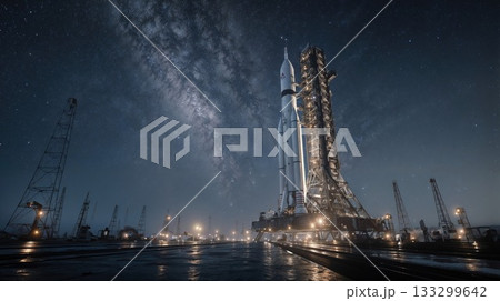 Illuminated rocket on launch pad under starry night sky with Milky Way galaxy visible. Dramatic space exploration scene with futuristic spacecraft ready for liftoff 133299642
