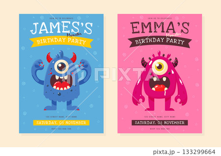 Cute Monster Kids Birthday Party Invitation Template Set. Cute Monster Kids Birthday Party Invitation Template Set. 133299664