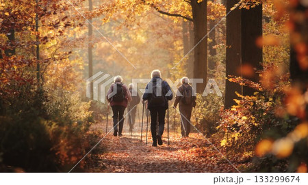 Senior hikers with backpacks and trekking poles walk through misty autumn forest trail surrounded by golden foliage and morning sunlight 133299674