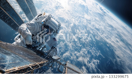 Astronaut performing spacewalk during extravehicular activity outside International Space Station with Earth's blue atmosphere and clouds visible below 133299675