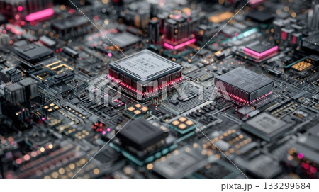 Advanced computer circuit board with illuminated processors and pink orange lighting showing modern technology hardware and electronic components closeup 133299684