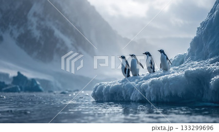 Four Adelie penguins standing together on pristine Antarctic ice formation with dramatic glacial mountains and misty atmosphere. Climate change and polar wildlife conservation concept Four Adelie penguins standing together on pristine Antarctic ice formation with dramatic glacial mountains and misty atmosphere. Climate change and polar wildlife conservation concept 133299696