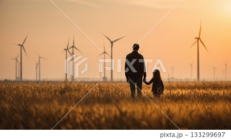 Father and daughter walking hand in hand through golden wheat field toward renewable wind turbines at sunset. Sustainable energy and family legacy concept Father and daughter walking hand in hand through golden wheat field toward renewable wind turbines at sunset. Sustainable energy and family legacy concept 133299697