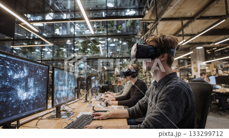 Modern office workspace with professionals using virtual reality headsets and computers for digital design, data visualization, and immersive technology development 133299712
