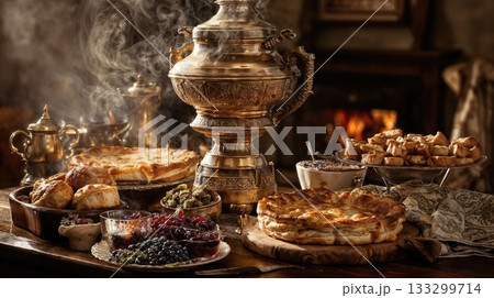 Traditional ornate samovar with steam and lavish feast of pastries, bread, and preserves on rustic wooden table by warm fireplace in cozy vintage interior 133299714