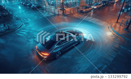 Modern car with glowing sensor rings demonstrating autonomous driving technology on wet urban street at night with blue digital visualization effects Modern car with glowing sensor rings demonstrating autonomous driving technology on wet urban street at night with blue digital visualization effects 133299792