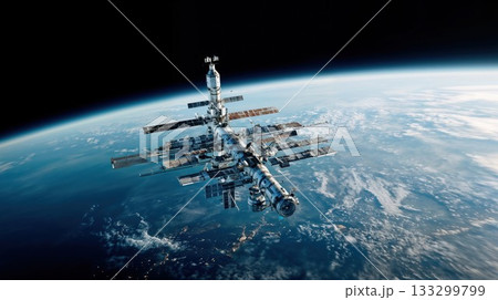 International Space Station orbiting Earth with blue planet horizon and solar panels visible in stunning orbital perspective against black space backdrop 133299799