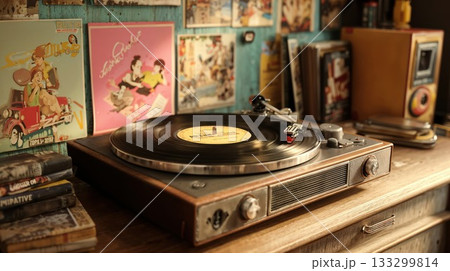 Vintage record player turntable with vinyl spinning on wooden shelf surrounded by retro posters speakers and nostalgic music memorabilia collection 133299814