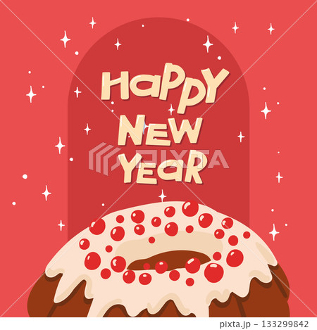 Holiday cake illustration decorated with white icing and red sprinkles. Hand-drawn festive dessert with Happy New Year text on a red background. Vector artwork perfect for seasonal greetings and 133299842