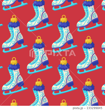 Vector seamless pattern with ice skates on red background. Winter sport design for wrapping paper, fabric, or seasonal posters. 133299845