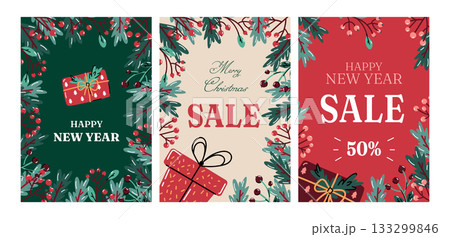 Vector Christmas and New Year sale banners with holiday decorations, gifts, and festive typography. Seasonal design for discounts, advertising, or promotional materials. 133299846