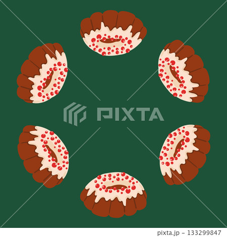 Frame of Christmas puddings with icing and decorations circular arrangement festive background. Copy space Frame of Christmas puddings with icing and decorations circular arrangement festive background. Copy space 133299847