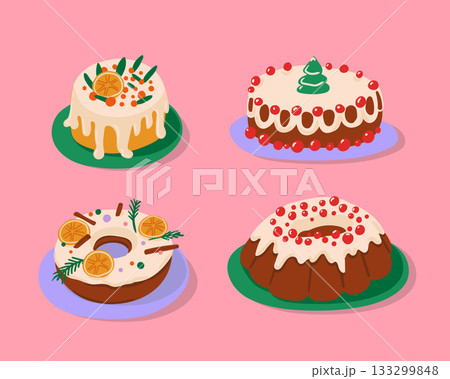 Christmas bakery illustration. Joyful cake decorated with berries and orange in vector. Christmas bakery illustration. Joyful cake decorated with berries and orange in vector. 133299848