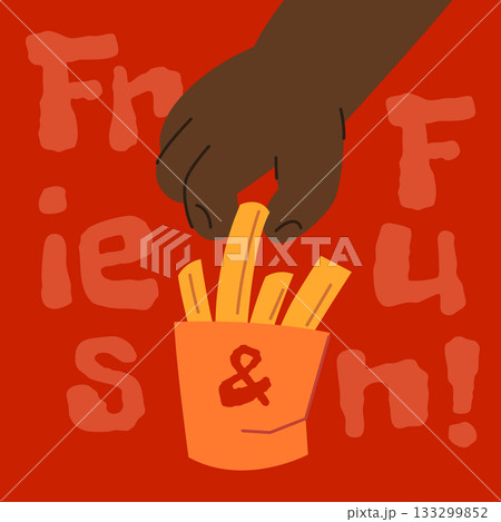 Hand of black kid take french fries chips on red background. Vector illustration Hand of black kid take french fries chips on red background. Vector illustration 133299852
