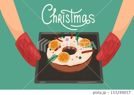Hands holding tray with Christmas pudding and festive decorations holiday baking vector illustration 133299857