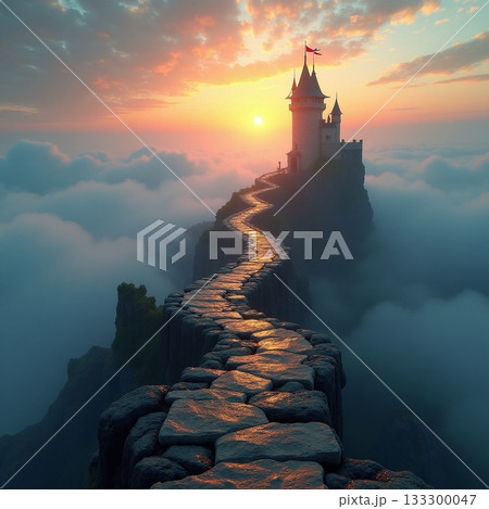Majestic castle atop a mountain at sunrise with...のイラスト素材 [133300047 ...