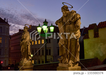 Statues of St. Peter and Paul in front of Cathedral of Saints Peter and Paul, Brno, Czech Republic, Moravia. Brno, Czech Republic at dusk 133300374