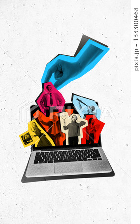 Creative collage of hand placing diverse business characters into laptop space Creative collage of hand placing diverse business characters into laptop space 133300468