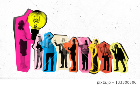 Vibrant collage of diverse business people reacting to bright idea moment 133300506
