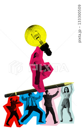 Expressive poster of businesswoman balancing lightbulb idea supported by team Expressive poster of businesswoman balancing lightbulb idea supported by team 133300509
