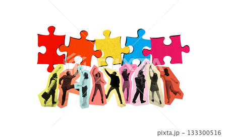 Playful collage of 7 professionals connecting multicolor puzzle pieces above team Playful collage of 7 professionals connecting multicolor puzzle pieces above team 133300516