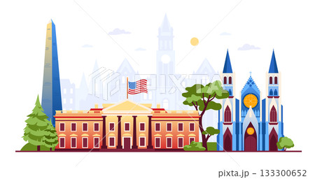 White House And Cathedral - Colorful Flat Design Illustration 133300652