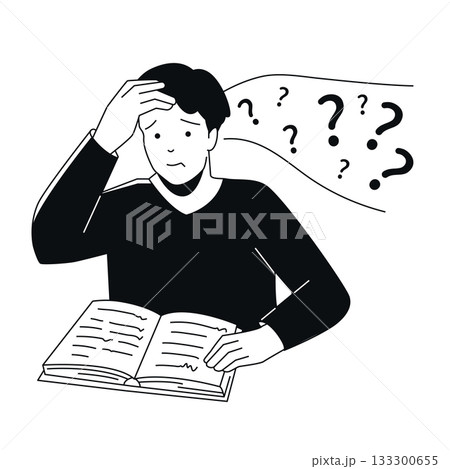 Confused Reader - Black and White Flat Design Illustration 133300655