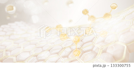 3d skin layer with hexagon cell pattern and molecule with gold particles. Liquid yellow honeycomb texture, castor oil serum, collagen gel, honey shampoo. Cosmetic bg with bokeh effect. 3D illustration 133300755