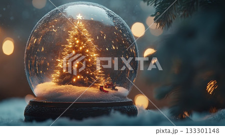 Christmas tree with radiant lights inside a snow globe, frosted glass with a magical, peaceful winter scene . 133301148