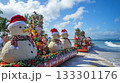 Christmas-themed beach parade, sand snowmen, festive floats, ocean view . 133301176