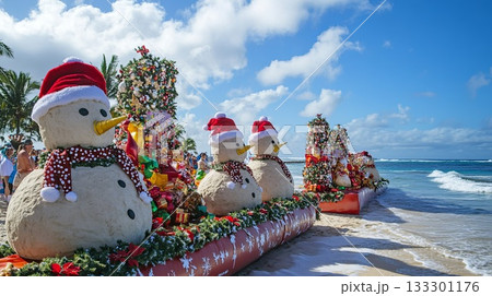 Christmas-themed beach parade, sand snowmen, festive floats, ocean view . 133301176