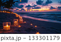Christmas-themed beach party, festive decorations, ocean waves . 133301179