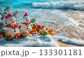 Christmas-themed beach picnic, sand snowmen, tropical fruits, ocean waves . 133301181