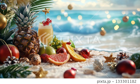 Christmas-themed beach picnic, tropical fruits, ocean waves . 133301182