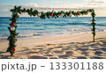 Christmas-themed beach volleyball net, ocean backdrop . 133301188