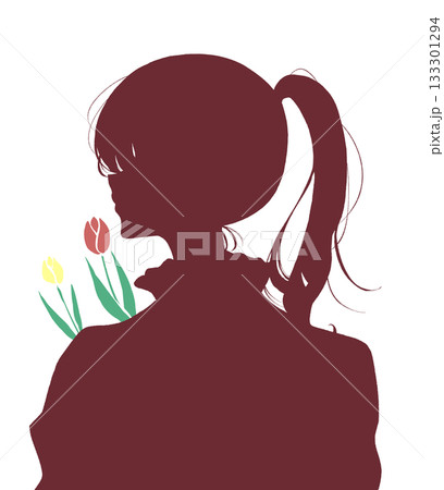 ポニーテールの女性　横顔　シルエット　チューリップ 133301294