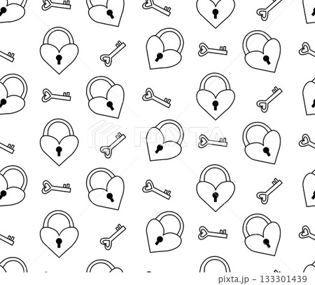 heart-shaped keys and locks Valentine's Day seamless pattern. Vector graphic line black and white illustration. For t-shirt printing, web design, beauty salons, posters, logo creation. 133301439