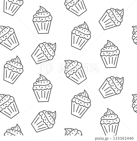 Cupcake seamless pattern. Vector graphic line black and white illustration. Cute cartoon dessert pattern. Sample poster, invitation, holiday banner, postcard. Cupcake seamless pattern. Vector graphic line black and white illustration. Cute cartoon dessert pattern. Sample poster, invitation, holiday banner, postcard. 133301440