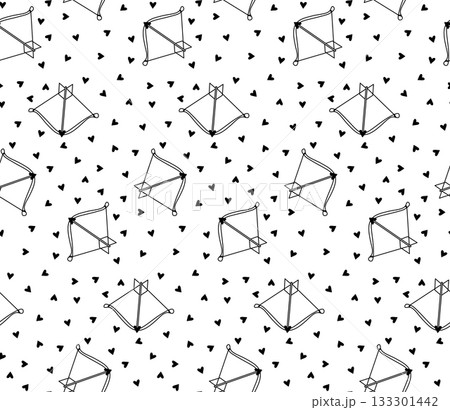 cute cartoon bow and heart arrow Valentine's Day seamless pattern. Vector graphic line black and white illustration. background for banners, print for fabric, labels, t-shirt printing. cute cartoon bow and heart arrow Valentine's Day seamless pattern. Vector graphic line black and white illustration. background for banners, print for fabric, labels, t-shirt printing. 133301442