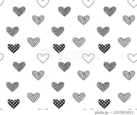 Black hearts Valentine's Day seamless pattern. Vector graphic line black and white illustration. For poster, invitation, backdrop, ad, sale promotion, print for t-shirt Black hearts Valentine's Day seamless pattern. Vector graphic line black and white illustration. For poster, invitation, backdrop, ad, sale promotion, print for t-shirt 133301451