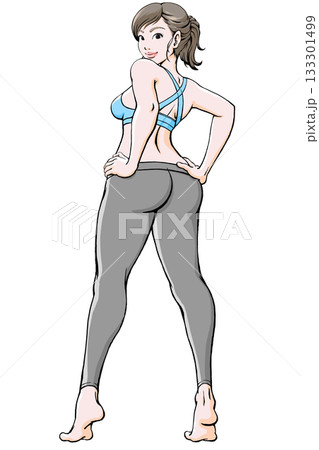 スポーツウェア姿で振り返るポーズの若い女性_腰に手 133301499