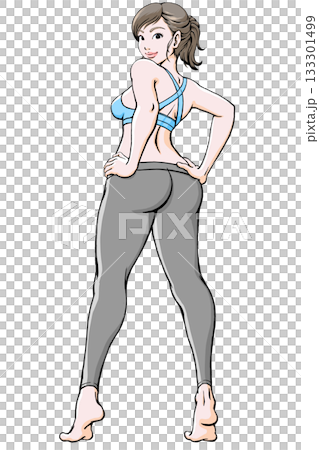 スポーツウェア姿で振り返るポーズの若い女性_腰に手 133301499