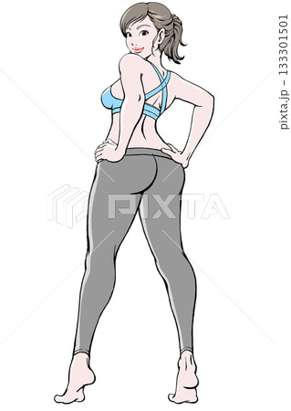 スポーツウェア姿で振り返るポーズの若い女性_腰に手_影無し 133301501