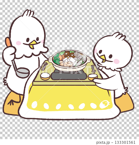Illustration of white birds surrounding a hot pot in a kotatsu 133301561