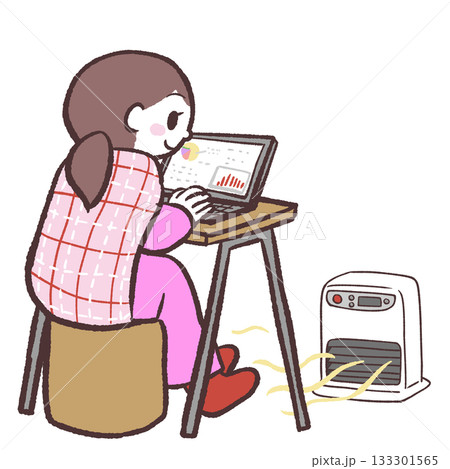 足元をヒーターで温めながら作業する女性のイラスト 133301565
