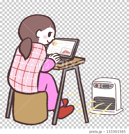 足元をヒーターで温めながら作業する女性のイラスト 133301565
