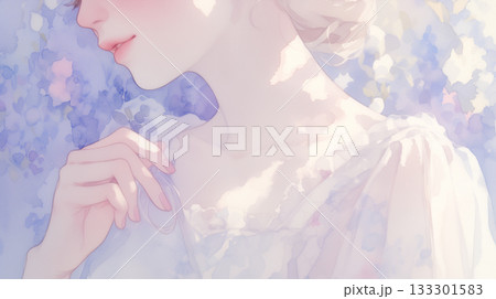 淡い光に包まれた女性の横顔と手元をやさしく描いた水彩風イラスト。繊細な線と淡い色彩が静かな息づかいを 133301583